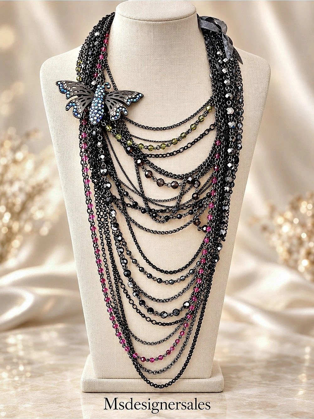 Layered Butterfly Statement Necklace in Black & Pink